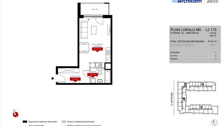 Rzut - Mieszkanie na sprzedaż 1 pokój o powierzchni 34,33 m² - numer L2.175 w Wieża Jeżyce etap VI