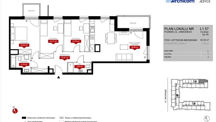 Rzut - Mieszkanie na sprzedaż 4 pokoje o powierzchni 94,09 m² - numer L1.57 w Wieża Jeżyce etap VI