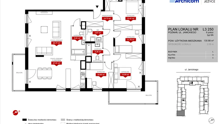 Rzut - Mieszkanie na sprzedaż 5 pokoi o powierzchni 135,79 m² - numer L3.250 w Wieża Jeżyce etap VI
