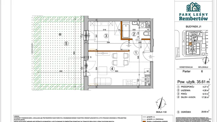 Rzut - Mieszkanie na sprzedaż 2 pokoje o powierzchni 35,61 m² - numer J1-6 w Park Leśny Rembertów etap VIII