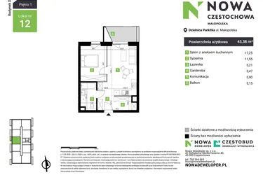 Rzut - Mieszkanie na sprzedaż 2 pokoje o powierzchni 43,38 m² - numer D12 w Nowa Częstochowa Małopolska etap II