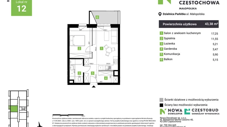 Rzut - Mieszkanie na sprzedaż 2 pokoje o powierzchni 43,38 m² - numer D12 w Nowa Częstochowa Małopolska etap II