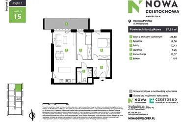 Rzut - Mieszkanie na sprzedaż 3 pokoje o powierzchni 67,81 m² - numer D15 w Nowa Częstochowa Małopolska etap II