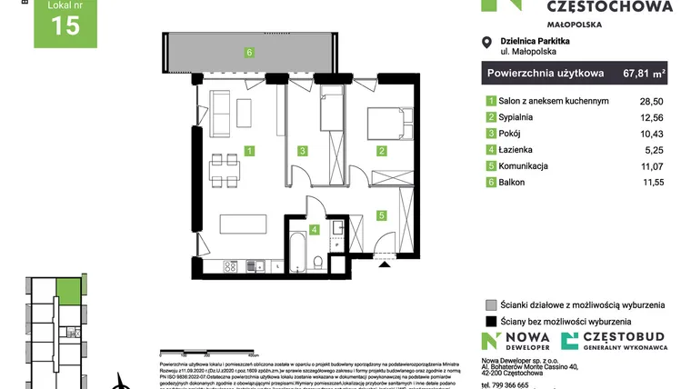 Rzut - Mieszkanie na sprzedaż 3 pokoje o powierzchni 67,81 m² - numer D15 w Nowa Częstochowa Małopolska etap II
