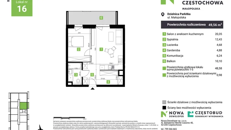 Rzut - Mieszkanie na sprzedaż 2 pokoje o powierzchni 49,56 m² - numer D16 w Nowa Częstochowa Małopolska etap II