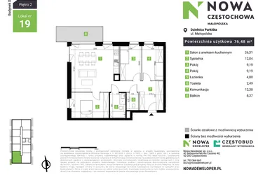 Rzut - Mieszkanie na sprzedaż 4 pokoje o powierzchni 76,48 m² - numer D19 w Nowa Częstochowa Małopolska etap II