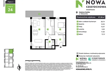 Rzut - Mieszkanie na sprzedaż 3 pokoje o powierzchni 67,99 m² - numer D24 w Nowa Częstochowa Małopolska etap II