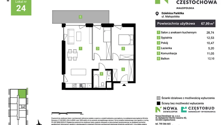 Rzut - Mieszkanie na sprzedaż 3 pokoje o powierzchni 67,99 m² - numer D24 w Nowa Częstochowa Małopolska etap II