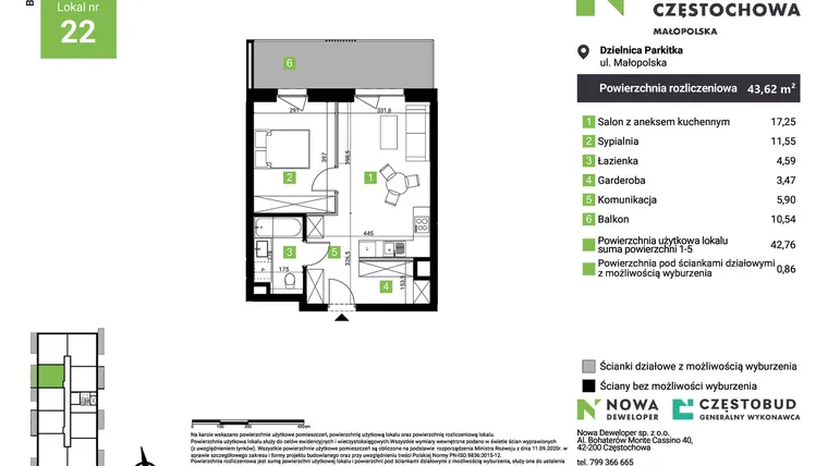 Rzut - Mieszkanie na sprzedaż 2 pokoje o powierzchni 43,62 m² - numer D22 w Nowa Częstochowa Małopolska etap II