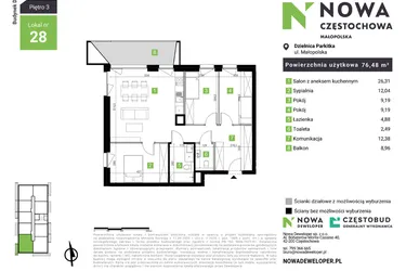 Rzut - Mieszkanie na sprzedaż 4 pokoje o powierzchni 76,48 m² - numer D28 w Nowa Częstochowa Małopolska etap II