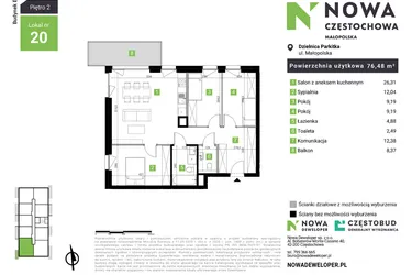 Rzut - Mieszkanie na sprzedaż 4 pokoje o powierzchni 76,48 m² - numer E20 w Nowa Częstochowa Małopolska etap II