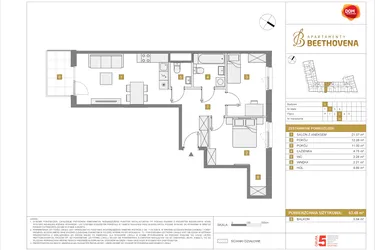 Rzut - Mieszkanie na sprzedaż 3 pokoje o powierzchni 63,48 m² - numer A38 w Apartamenty Beethovena