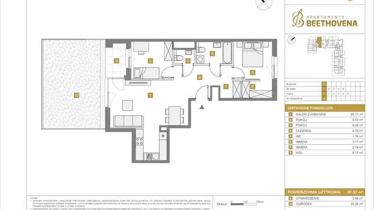 Rzut - Mieszkanie na sprzedaż 3 pokoje o powierzchni 67,57 m² - numer B4 w Apartamenty Beethovena