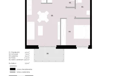 Rzut - Mieszkanie na sprzedaż 2 pokoje o powierzchni 49,29 m² - numer M1.03 w Wola Vert