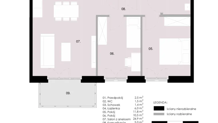 Rzut - Mieszkanie na sprzedaż 3 pokoje o powierzchni 63,54 m² - numer M1.02 w Wola Vert