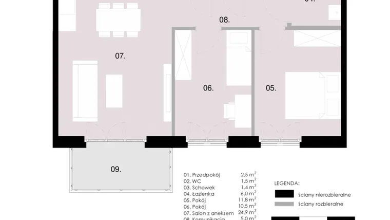 Rzut - Mieszkanie na sprzedaż 3 pokoje o powierzchni 63,54 m² - numer M5.02 w Wola Vert