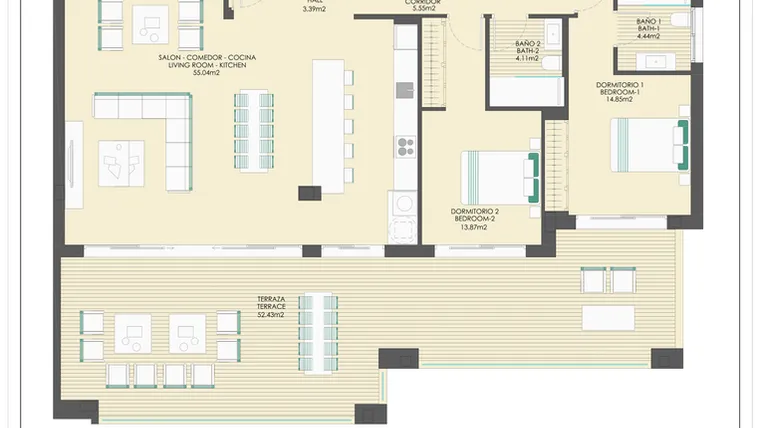 Rzut - Mieszkanie na sprzedaż 5 pokoi o powierzchni 177 m² - numer B22C w Arrecife by UrbinCasa