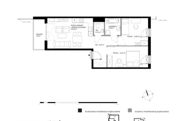 Rzut - Mieszkanie na sprzedaż 3 pokoje o powierzchni 65,42 m² - numer W1.2.1 w Nadmorski Dwór bud. U i W