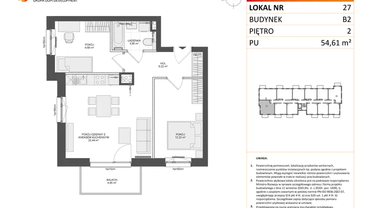 Rzut - Mieszkanie na sprzedaż 3 pokoje o powierzchni 54,35 m² - numer B2.27 w Osiedle Przy Błoniach 3 etap III