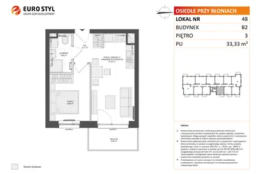 Rzut - Mieszkanie na sprzedaż 2 pokoje o powierzchni 33,33 m² - numer B2.48 w Osiedle Przy Błoniach 3 etap III