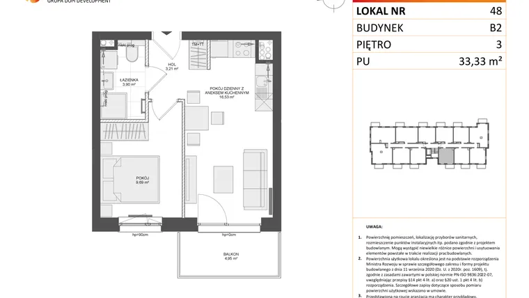 Rzut - Mieszkanie na sprzedaż 2 pokoje o powierzchni 33,33 m² - numer B2.48 w Osiedle Przy Błoniach 3 etap III