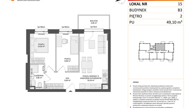 Rzut - Mieszkanie na sprzedaż 3 pokoje o powierzchni 49,1 m² - numer B3.15 w Osiedle Przy Błoniach 3 etap III