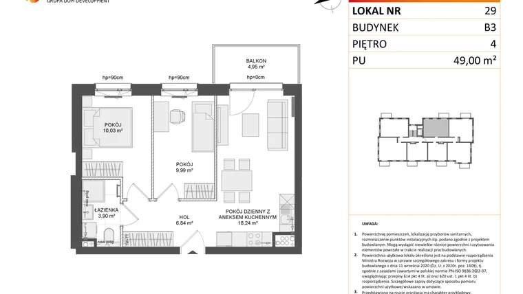 Rzut - Mieszkanie na sprzedaż 3 pokoje o powierzchni 49 m² - numer B3.29 w Osiedle Przy Błoniach 3 etap III