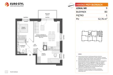 Rzut - Mieszkanie na sprzedaż 3 pokoje o powierzchni 52,76 m² - numer B3.9 w Osiedle Przy Błoniach 3 etap III