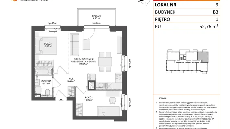 Rzut - Mieszkanie na sprzedaż 3 pokoje o powierzchni 52,76 m² - numer B3.9 w Osiedle Przy Błoniach 3 etap III