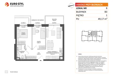 Rzut - Mieszkanie na sprzedaż 3 pokoje o powierzchni 49,17 m² - numer B3.8 w Osiedle Przy Błoniach 3 etap III