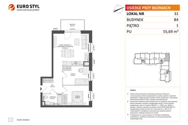 Rzut - Mieszkanie na sprzedaż 3 pokoje o powierzchni 55,69 m² - numer B4.31 w Osiedle Przy Błoniach 3 etap III