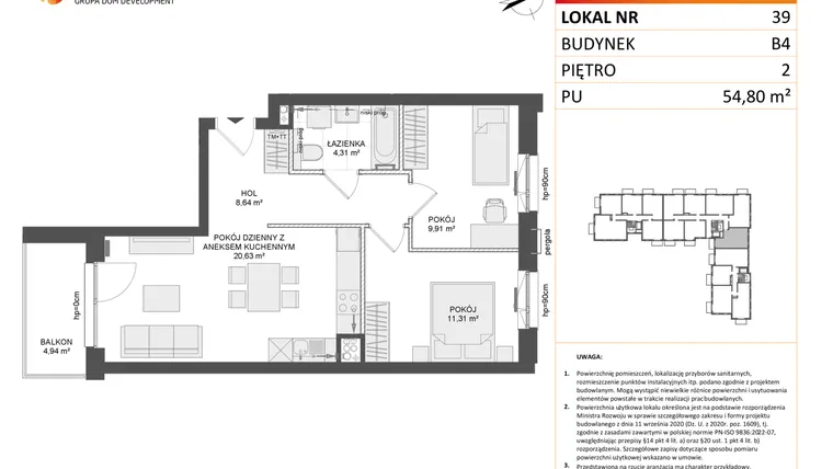 Rzut - Mieszkanie na sprzedaż 3 pokoje o powierzchni 54,64 m² - numer B4.39 w Osiedle Przy Błoniach 3 etap III