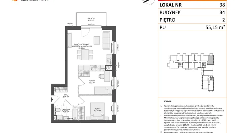 Rzut - Mieszkanie na sprzedaż 3 pokoje o powierzchni 55,3 m² - numer B4.38 w Osiedle Przy Błoniach 3 etap III
