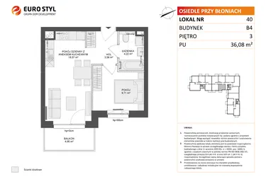 Rzut - Mieszkanie na sprzedaż 2 pokoje o powierzchni 36,08 m² - numer B4.40 w Osiedle Przy Błoniach 3 etap III