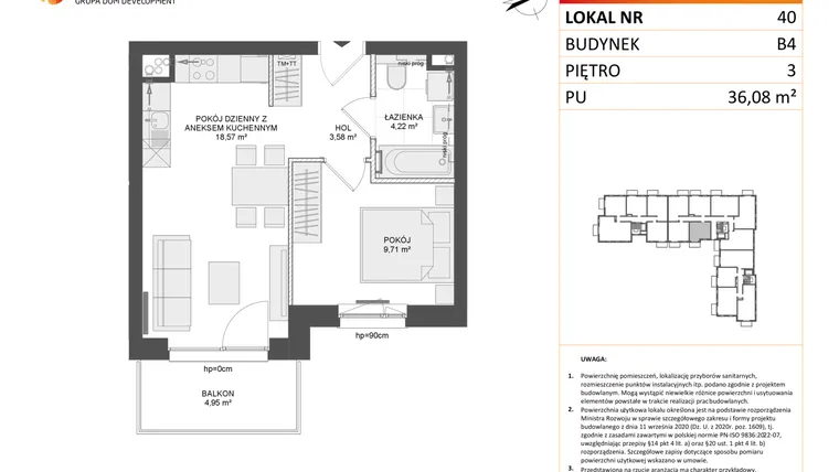 Rzut - Mieszkanie na sprzedaż 2 pokoje o powierzchni 36,08 m² - numer B4.40 w Osiedle Przy Błoniach 3 etap III