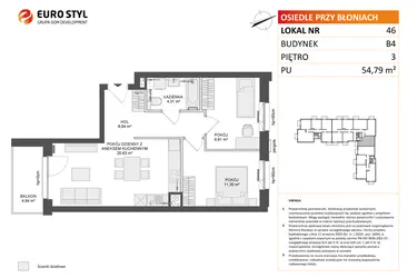 Rzut - Mieszkanie na sprzedaż 3 pokoje o powierzchni 54,63 m² - numer B4.46 w Osiedle Przy Błoniach 3 etap III