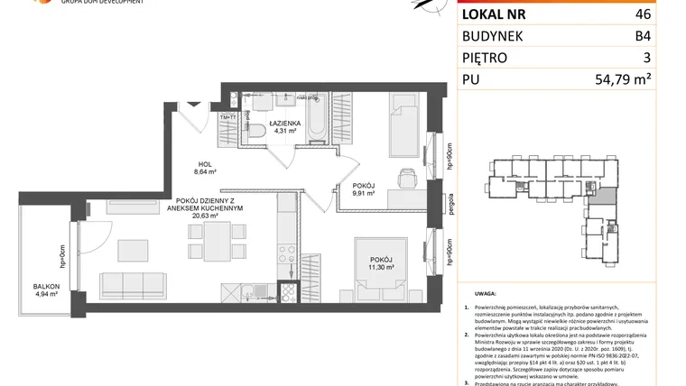Rzut - Mieszkanie na sprzedaż 3 pokoje o powierzchni 54,63 m² - numer B4.46 w Osiedle Przy Błoniach 3 etap III