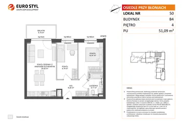 Rzut - Mieszkanie na sprzedaż 3 pokoje o powierzchni 51,09 m² - numer B4.50 w Osiedle Przy Błoniach 3 etap III