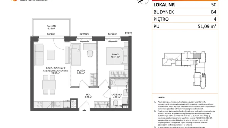 Rzut - Mieszkanie na sprzedaż 3 pokoje o powierzchni 51,09 m² - numer B4.50 w Osiedle Przy Błoniach 3 etap III