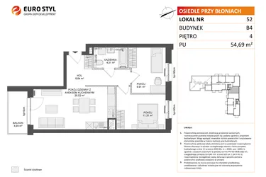 Rzut - Mieszkanie na sprzedaż 3 pokoje o powierzchni 54,53 m² - numer B4.52 w Osiedle Przy Błoniach 3 etap III