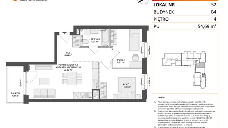 Rzut - Mieszkanie na sprzedaż 3 pokoje o powierzchni 54,53 m² - numer B4.52 w Osiedle Przy Błoniach 3 etap III
