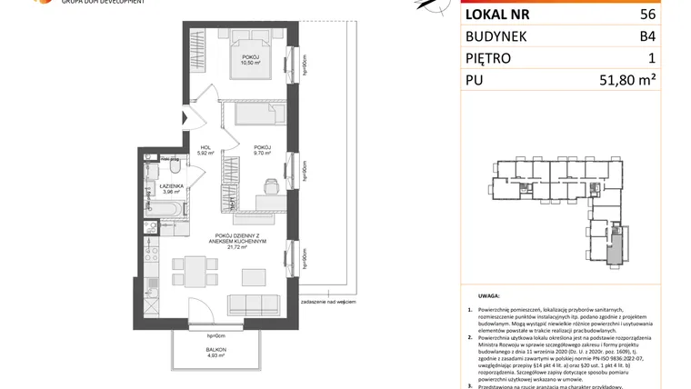 Rzut - Mieszkanie na sprzedaż 3 pokoje o powierzchni 51,8 m² - numer B4.56 w Osiedle Przy Błoniach 3 etap III