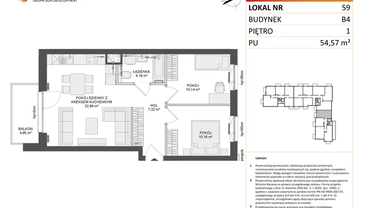 Rzut - Mieszkanie na sprzedaż 3 pokoje o powierzchni 54,57 m² - numer B4.59 w Osiedle Przy Błoniach 3 etap III