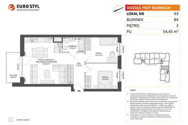 Rzut - Mieszkanie na sprzedaż 3 pokoje o powierzchni 54,45 m² - numer B4.63 w Osiedle Przy Błoniach 3 etap III