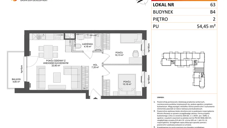 Rzut - Mieszkanie na sprzedaż 3 pokoje o powierzchni 54,45 m² - numer B4.63 w Osiedle Przy Błoniach 3 etap III