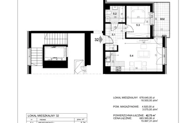 Rzut - Mieszkanie na sprzedaż 2 pokoje o powierzchni 42,73 m² - numer C1.32 w Centralna 51C