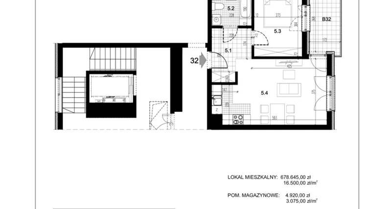 Rzut - Mieszkanie na sprzedaż 2 pokoje o powierzchni 42,73 m² - numer C1.32 w Centralna 51C