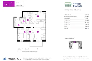 Rzut - Mieszkanie na sprzedaż 4 pokoje o powierzchni 78,5 m² - numer 2.A.1.08 w Murapol Trzy Lipki etap II