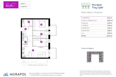 Rzut - Mieszkanie na sprzedaż 2 pokoje o powierzchni 61,96 m² - numer 2.A.3.10 w Murapol Trzy Lipki etap II