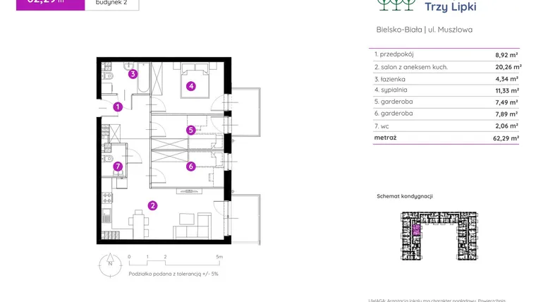 Rzut - Mieszkanie na sprzedaż 2 pokoje o powierzchni 61,96 m² - numer 2.A.3.10 w Murapol Trzy Lipki etap II